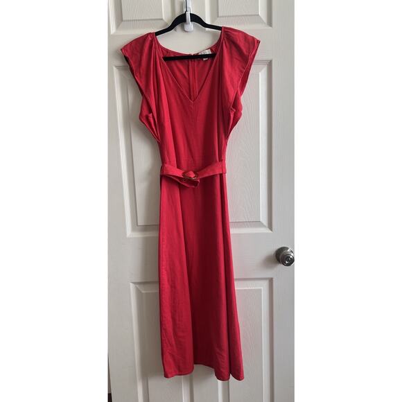 LOFT Dresses & Skirts - ANN TAYLOR LOFT 2024 Cherry Red Linen Blend Belted Flutter Sleeve Midi Dress 10